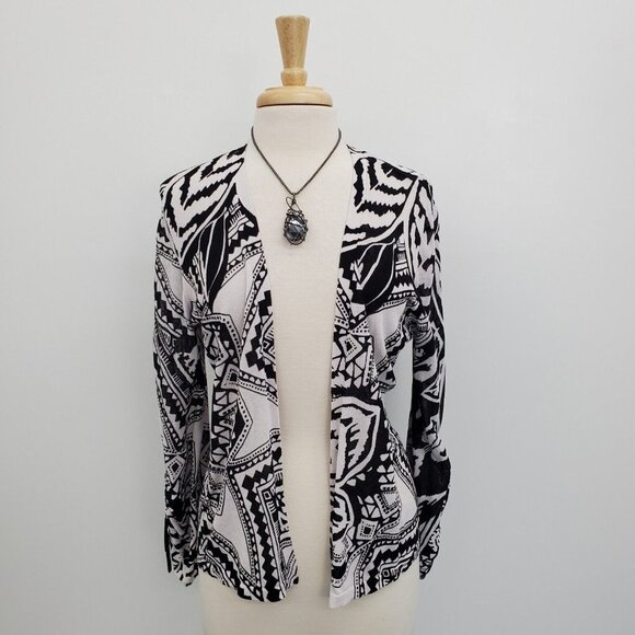 Chico's Sweaters - Chico's Womens Black White Open Front Cardigan Sweater Size 2 (L) Ruched Sleeves
